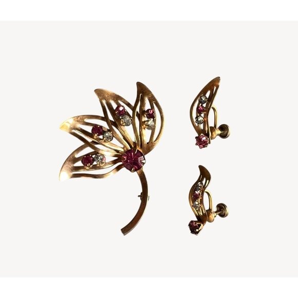 Vintage 50s GF Floral Brooch Earring Set 1/20 12K Rose Gold Filled Pink Clear St - Picture 3 of 10